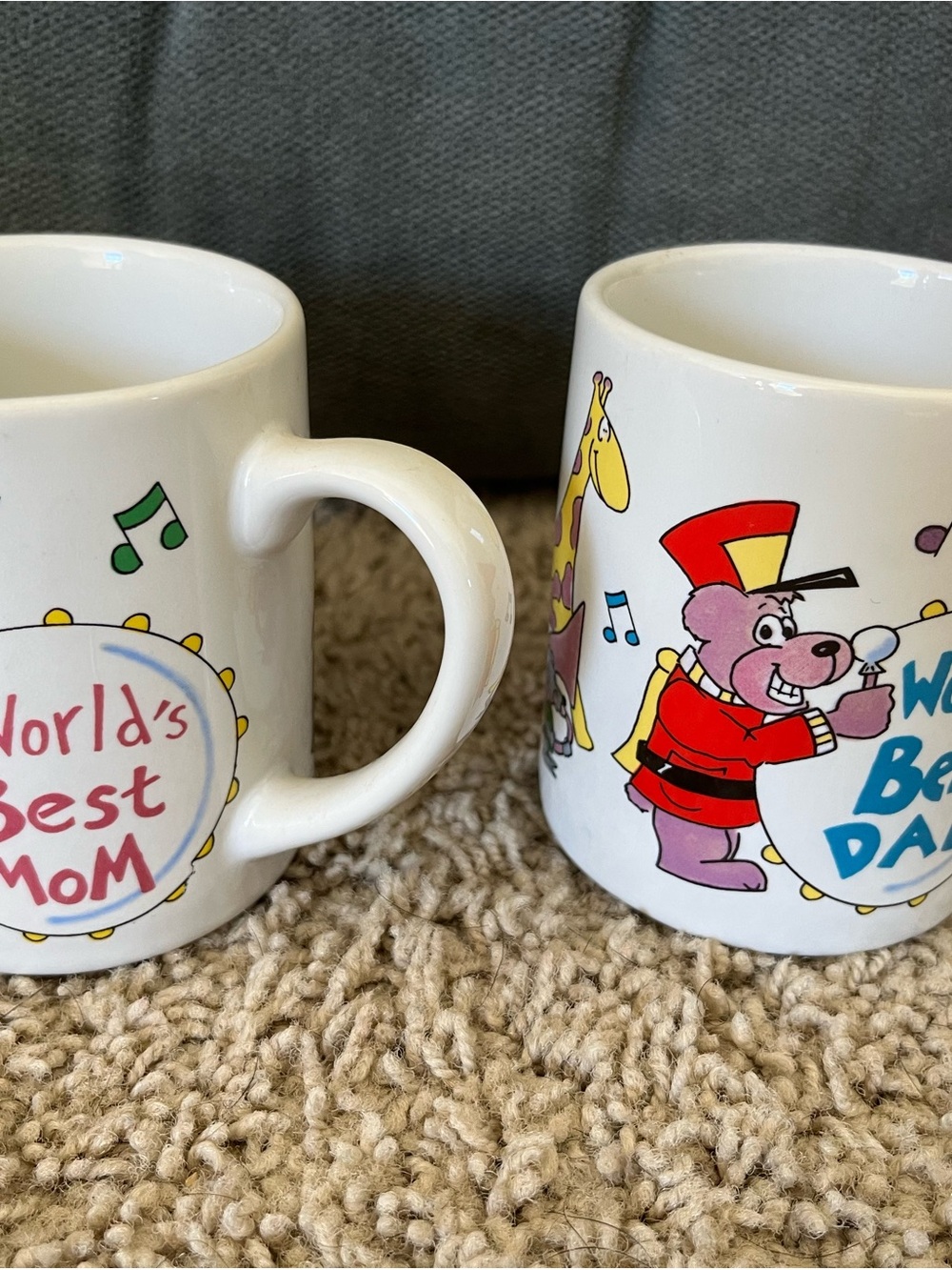 Set of Two White Cartoon Coffee Mugs - "World's Best Mom" & Dad Bear Mugs.
